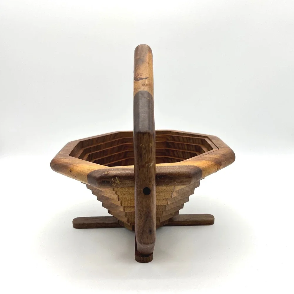 Vintage Wooden Accordion Fruit Basket Hexagonal‎ Foldable Serving Tray Handle